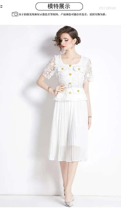 Luxury Evening Dress Women Summer Vacation Short Sleeve Pleated Lace Chiffon Long Dresses White Single Breasted Midi Party Robe