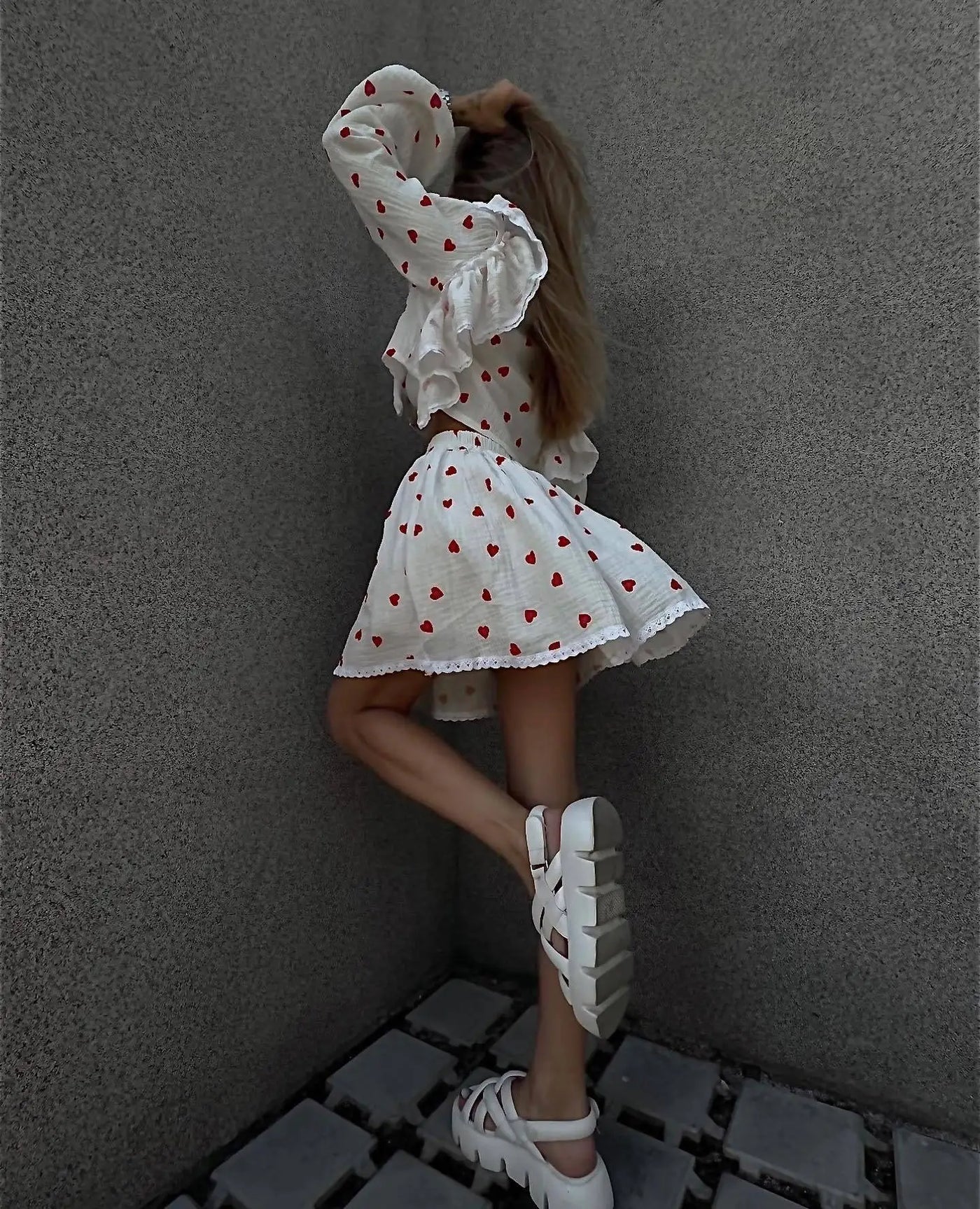 Women Cotton Linen Print Loose Suit Women Lantern Sleeve Ruffles V-neck Patchwork Single-Breasted Top High Waist Mini Skirt Suit