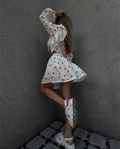 Women Cotton Linen Print Loose Suit Women Lantern Sleeve Ruffles V-neck Patchwork Single-Breasted Top High Waist Mini Skirt Suit