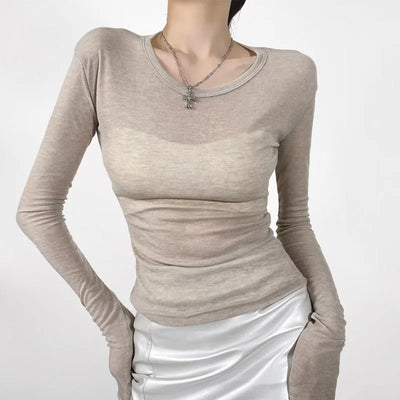 Women Crew Neck Fitted Long Sleeve Semi Sheer T-shirt