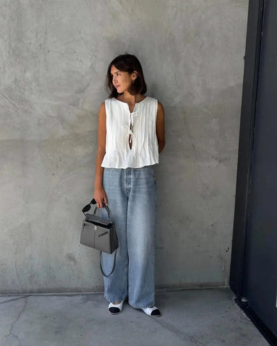 Linen Cotton Pleated Lace-up Elegant White Women Tops Tanks 2025 Summer Women Causal O-neck Sleeveless Ruffles Vest Streetwear