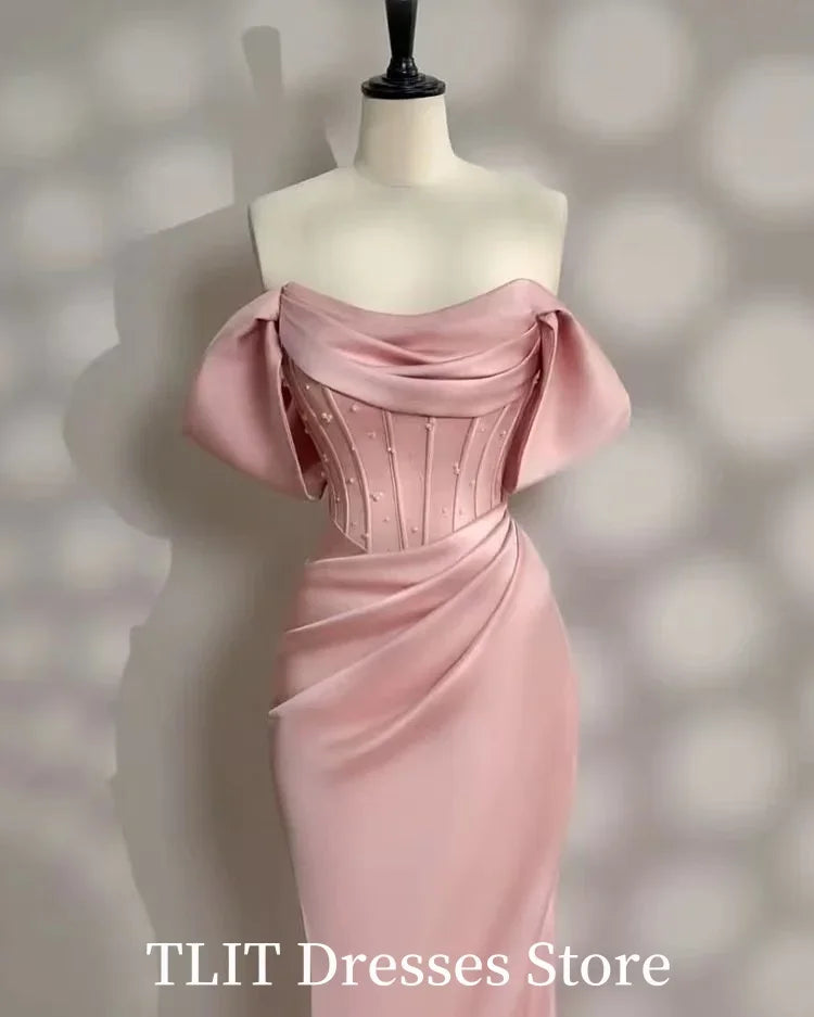 TLIT Elegant New Pink Sheath Mermaid  Wedding Party Dress Satin Backless  Sleeveless Customized Long Formal Occasions Dress