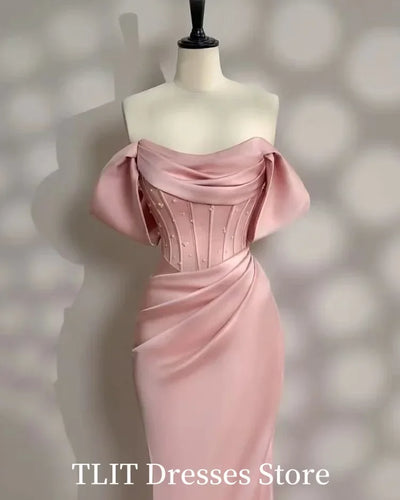 TLIT Elegant New Pink Sheath Mermaid  Wedding Party Dress Satin Backless  Sleeveless Customized Long Formal Occasions Dress