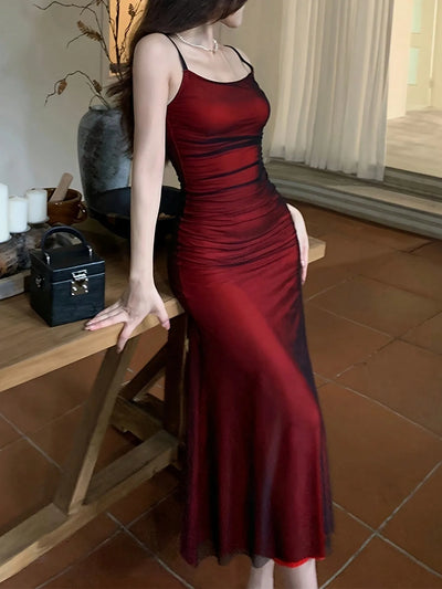 Summer Satin Sleeveless Slip Dress Women Fishtail Ruffle Elegant Fashion Ladies Dresses Slim High Waist Woman Long Dress