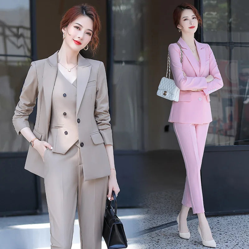 Sets for Women 3 Pieces Autumn Fashion Peak Lapel Long Sleeve Blazer Vest & Elegant High Waist Work Pants Set Daily Office Lady