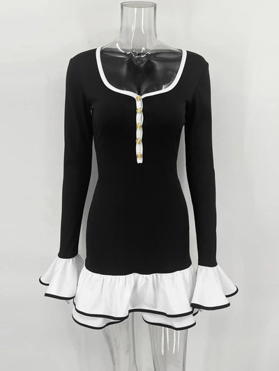 Ruffle Mini Dress for Women V Neck Bodycon Long Sleeve Short Dresses Femme Backless Bow Bandage Elegant Patchwork Dress