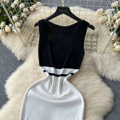 Patchwork Knit Bodycon Dress Women Maxi Dress Elastic Summer Elegant Sleeveless Dress Fashion Dresses