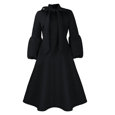 Elegant Dresses for Women Bow Collar Full Sleeve High Waisted Pleated Mid Calf Luxury Birthday Party Dinner Vestidos Mujer Dress