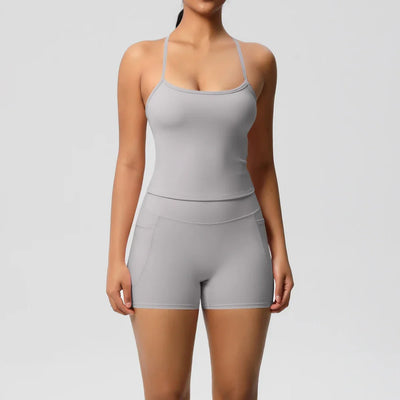 2PCS Sportswear With Pocketed Yoga Set Gym Clothes Yoga Suits For Women Tracksuits Sports Shorts Crossover Bra Gym Leggings
