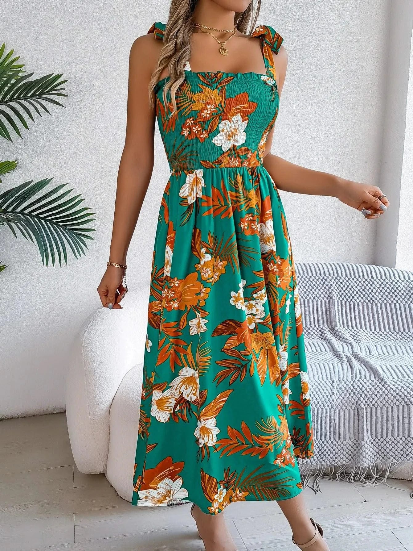 Spring Summer Floral Print Long Dress Lace up Sleeveless Vacation Dresses for Women