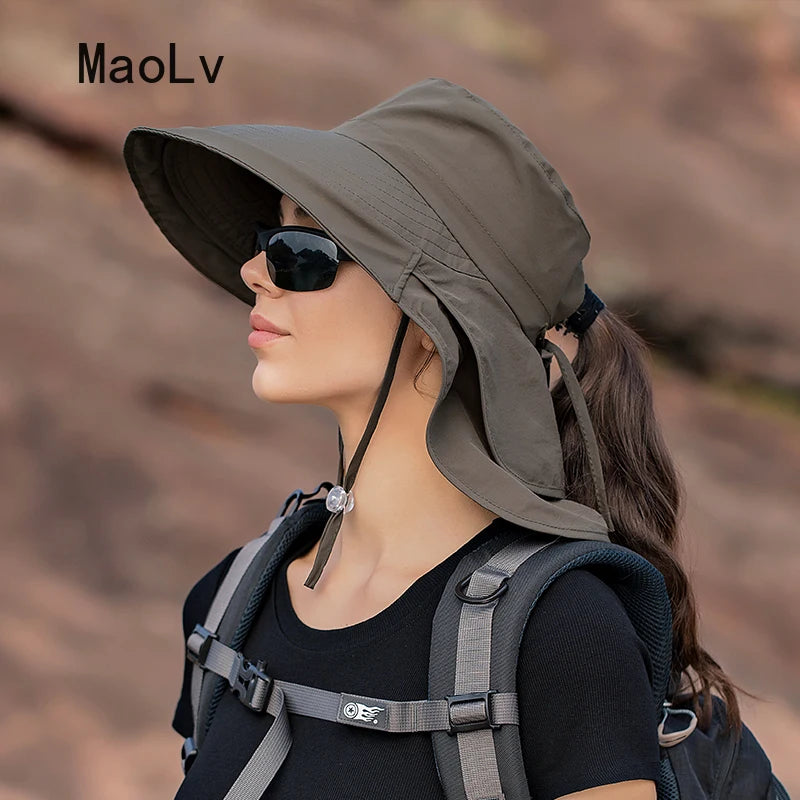 Summer Hat Women Outdoor UV Anti Neck Protection Sun Visor men Fishing Hiking Wide Brim Shawl Sunscreen Ponytail Cap undefine