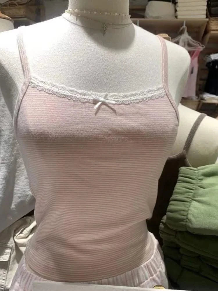 Women Pink Striped Bow Ornament Slim Camis Lace Edge Sleeveless Tops