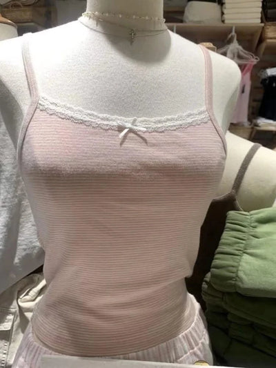 Women Pink Striped Bow Ornament Slim Camis Lace Edge Sleeveless Tops