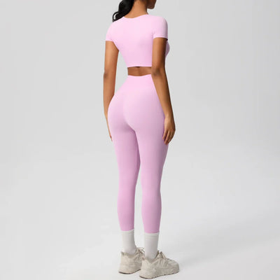 Yoga Set 2 Pieces Women Tracksuits Workout Sportswear Gym Clothing Fitness Short Sleeve With Padded High Waist Leggings Suits