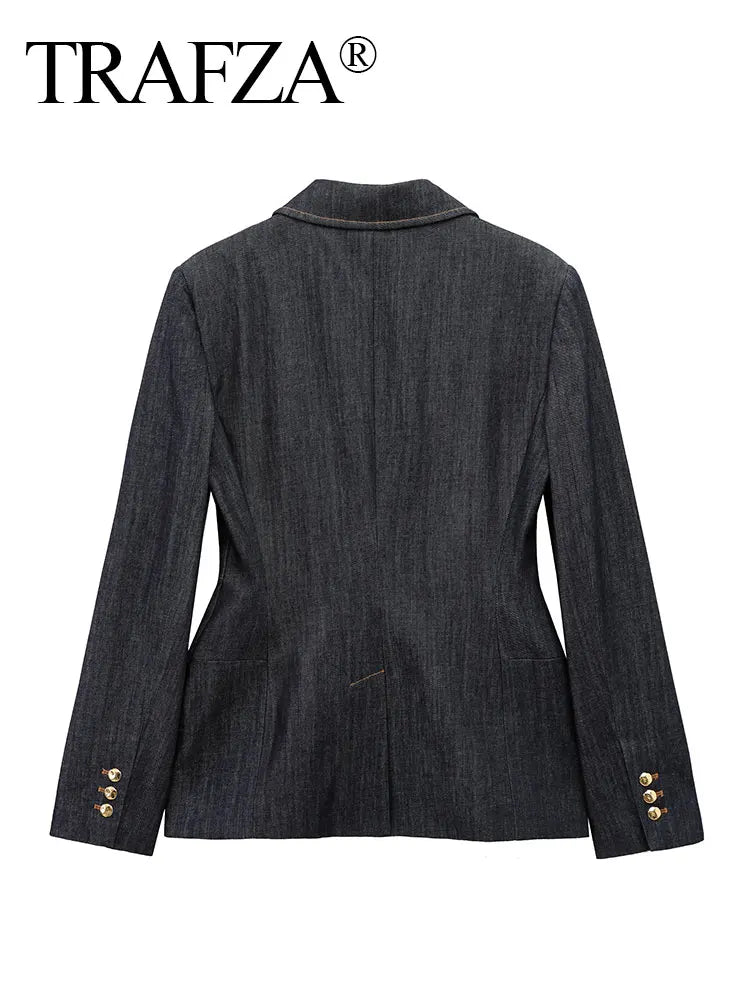 TRAFZA 2025 Spring Women Fashion Denim Blazer  Long Sleeves Tight Coat Female Vintage Streetwear Woman Jacket Top Trendy