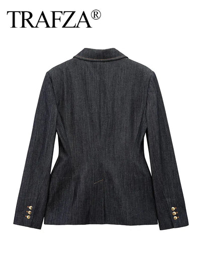 TRAFZA 2025 Spring Women Fashion Denim Blazer  Long Sleeves Tight Coat Female Vintage Streetwear Woman Jacket Top Trendy