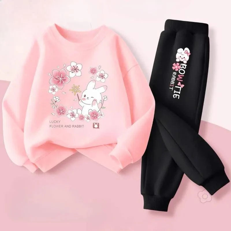 Cute Rabbit Printed Children's Sweatshirt Sweatpants Two Piece Suit |Girls Kids Outdoor Outfits