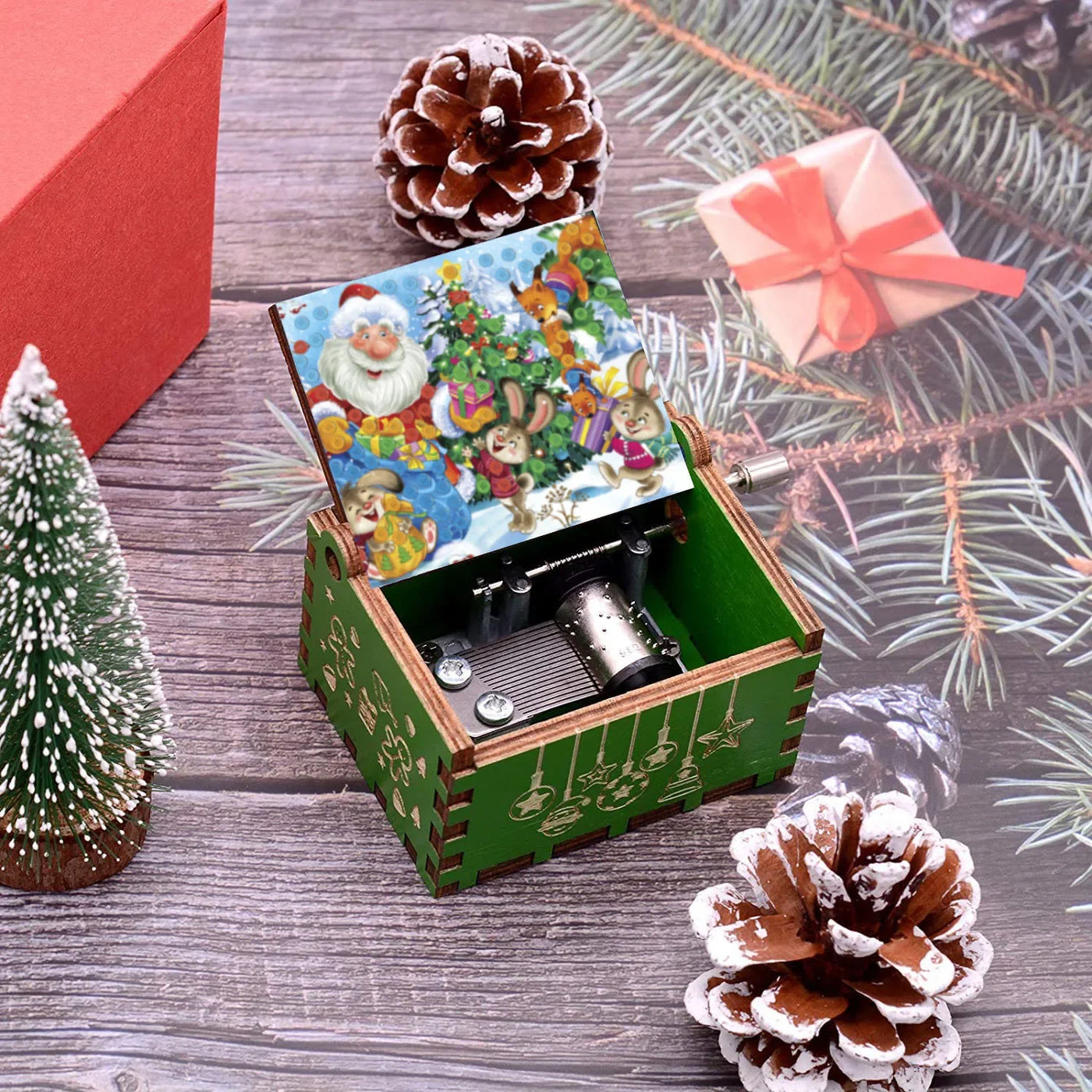 Merry Christmas Music Box Wooden Hand Cranked Music Box Vintage Happy New Year Music Box Gift Music Box Birthday Gift