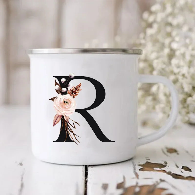 Initial Letter Print Mugs Enamel Creative Coffee Cups Drinks Wine Juice Milk Cup Vintage Home Office Handle Drinkware Best Gifts