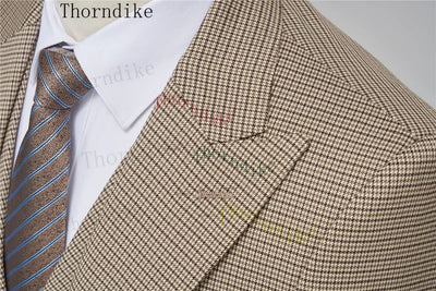 Thorndike Hot Sell Khaki Plaid Custom Made Classic Groom Tuxedo Groomsmen Best Man Suit Wedding Men's Blazer+Vest+Pants Costume