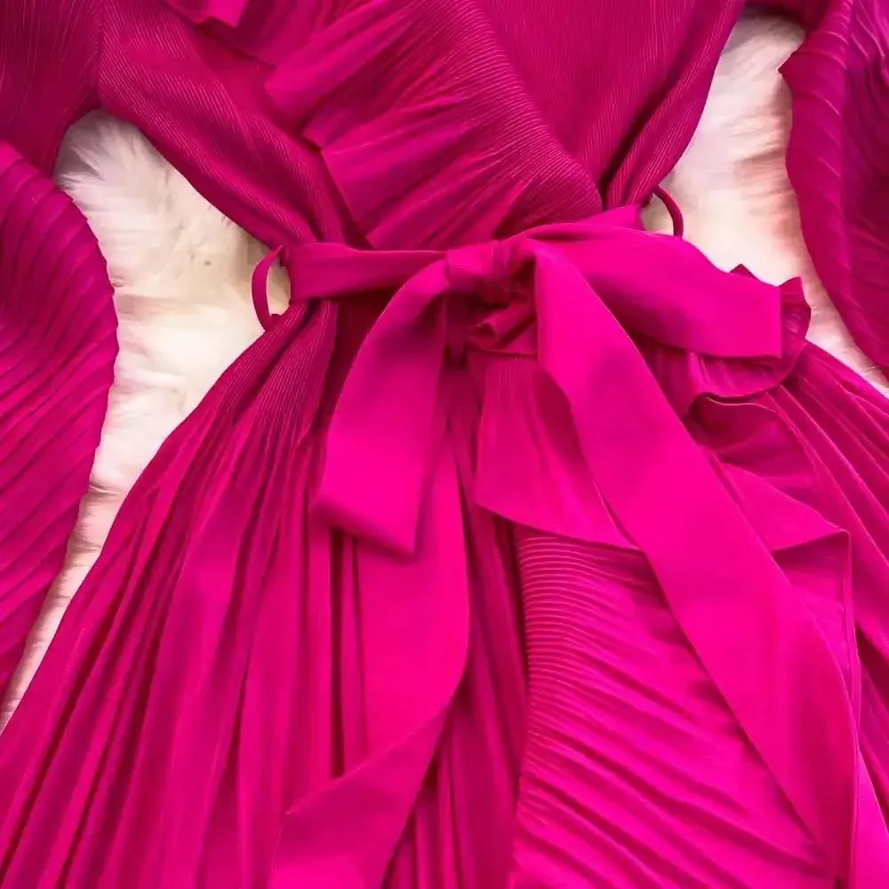 Women's V Neck Ruffles Splice Lantern Sleeve High Stretch Oversized Dresses Miyake Maxi Pleated 2025 Spring Long Party Clothing