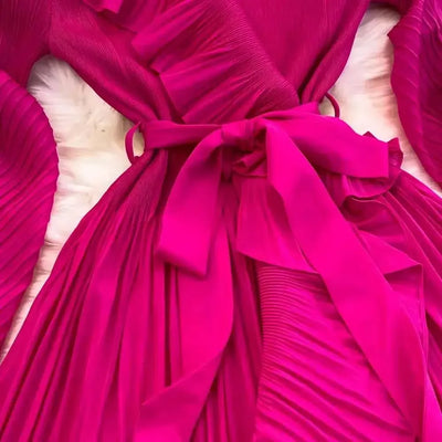 Women's V Neck Ruffles Splice Lantern Sleeve High Stretch Oversized Dresses Miyake Maxi Pleated 2025 Spring Long Party Clothing