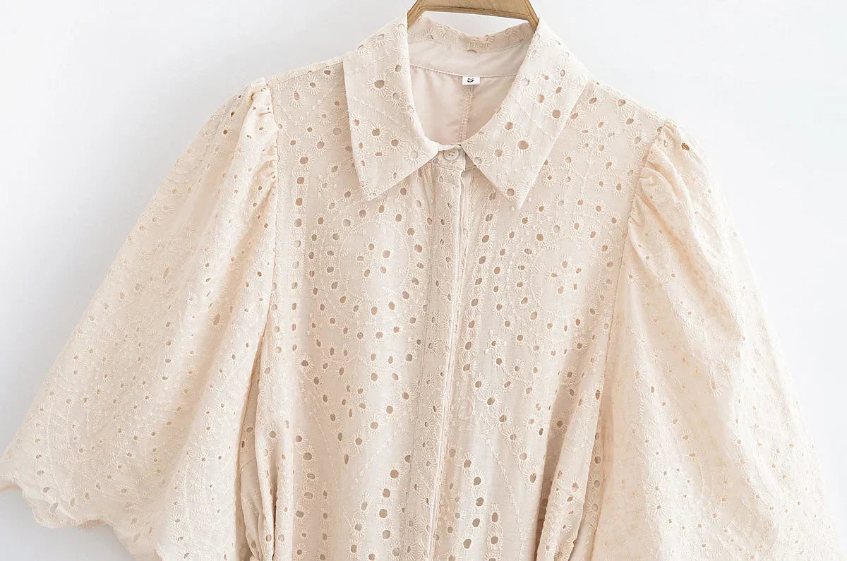 Women's Dress 2025 Spring New Fashionable and Casual Style Hollow Embroidered Shirt Dress