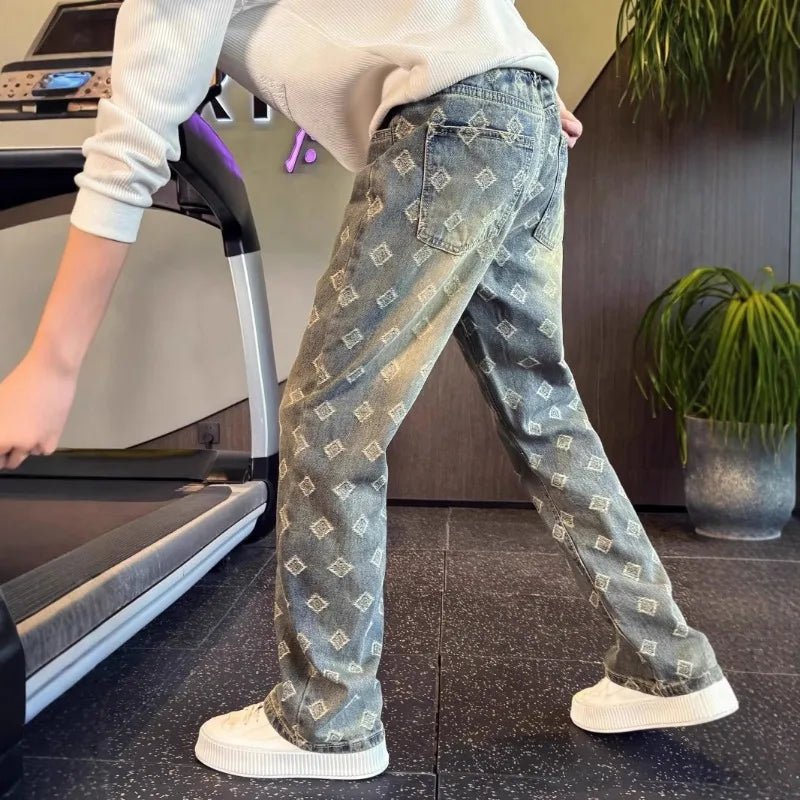 Light Blue Full Print Jacquard Jeans for Men, Niche Design, Curved Knife Pants, American High Street Vibe Straight Leg Pants