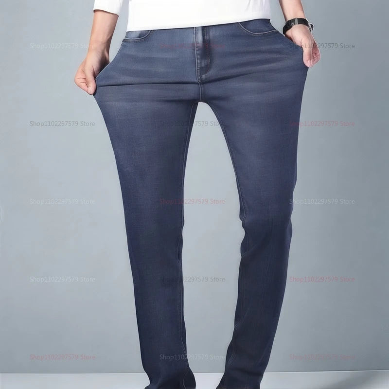 Mens Denim Pants Spring Casual Business Straight Fit Loose Elasticated Jeans Stylish Comfortable Pants for Work and Daily Wear