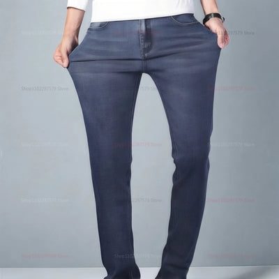 Mens Denim Pants Spring Casual Business Straight Fit Loose Elasticated Jeans Stylish Comfortable Pants for Work and Daily Wear