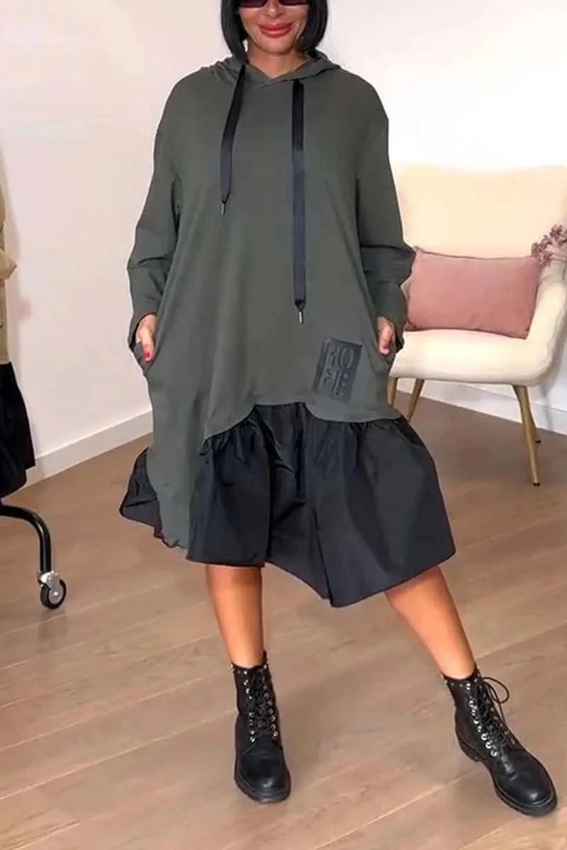 New Hooded Sweatshirt Dress For Women 2025 Spring Long-sleeved Printed Patchwork Dress Casual Loose Lace Up Long Dress Black