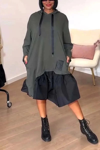 New Hooded Sweatshirt Dress For Women 2025 Spring Long-sleeved Printed Patchwork Dress Casual Loose Lace Up Long Dress Black