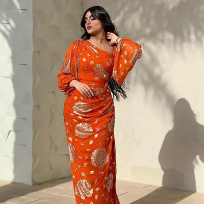 Dubai Morocco Dress for Women Chiffon Ball Gown Vestidos Lantern Sleeve Print Orange Wedding Prom Evening Dress Caftan 2023