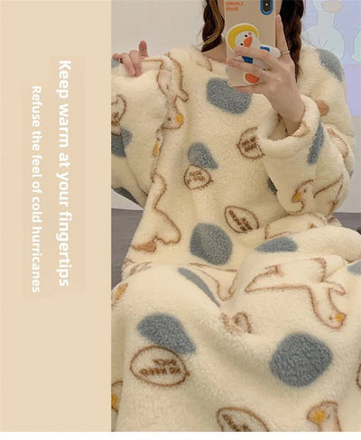 Autumn Winter Wearable Outdoors Loungewear Women Flannel Long Sleeve Cartoon Pullover Nightgown Lady Style Female Sleepwear