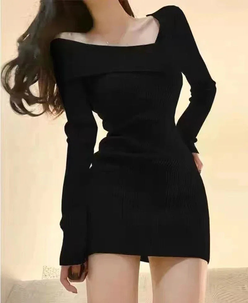 Knitted Dress Women Autumn Winter Long Sleeved Sexy Off Shoulder Stretch Sweater Solid Elegant Skinny Chic Korean Lady Dress