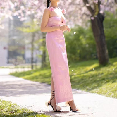 Women's dress New 3D flower decorated sleeveless long dresses for summer 2025 Sexy backless suspender midi dresses party dresses