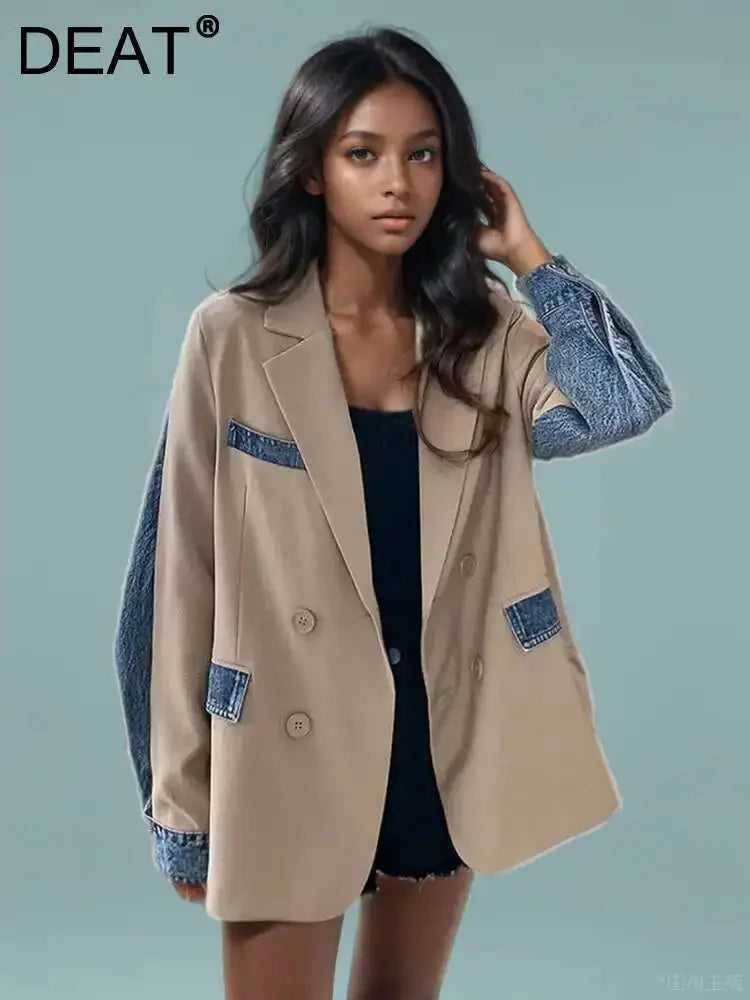 DEAT Women's Blazer Notched Collar Patchwork Denim Long Sleeve Khaki Long Sleeve Suit Coat  2024 Summer New Fashion  29L1530