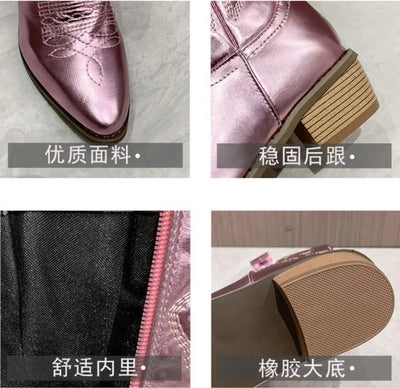 Women's Boots Fashion Pointed Toe Leather Boots Retro Embroidery Western Cowboy Boots for Women Thick Soled Mid-calf Boot Botas