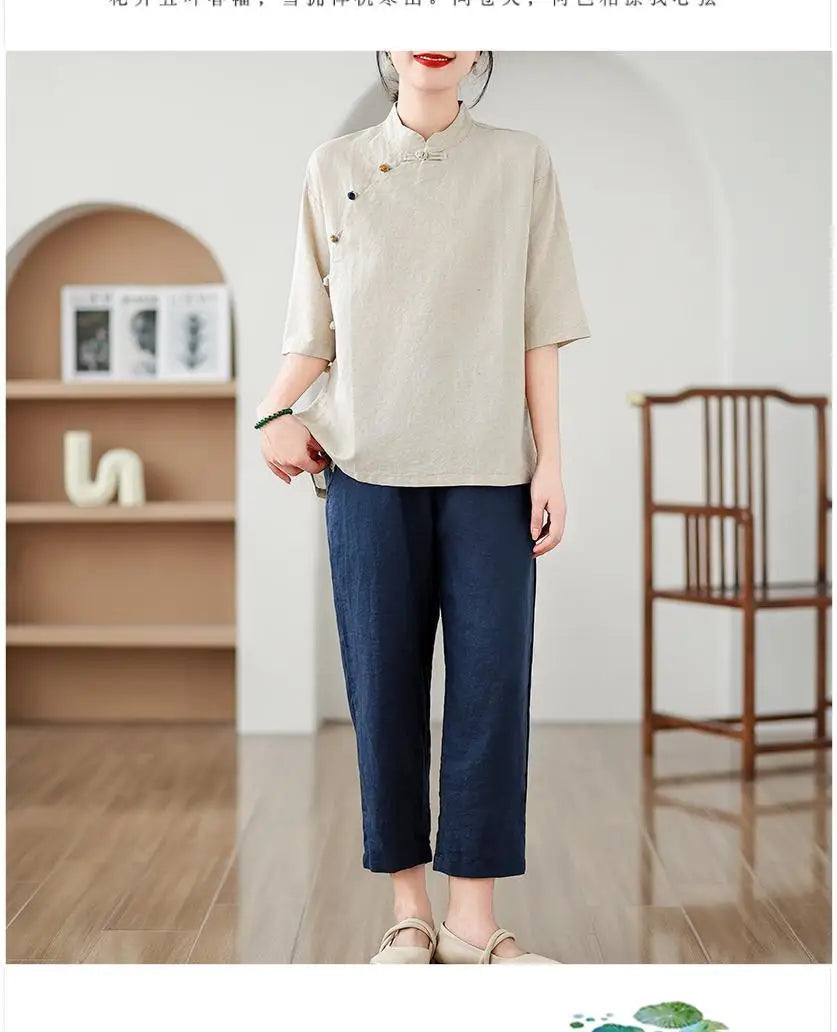 New Women's Retro Cotton Linen Short-sleeved Shirt with Diagonal Placket and Stand-up Collar Tea Top