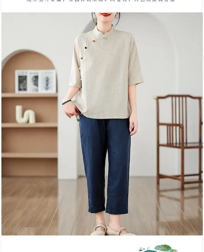 New Women's Retro Cotton Linen Short-sleeved Shirt with Diagonal Placket and Stand-up Collar Tea Top