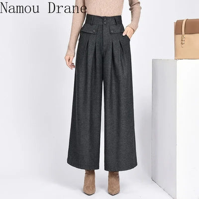 2023 Winter Warm Wool Women's Pants Female High Waist Pleated Wide Leg  Capris for Women Trousers Woman  4xl
