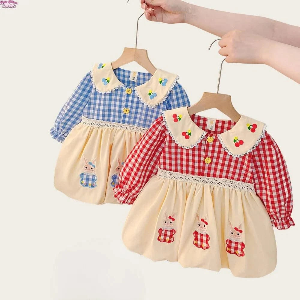 Rabbit Embroidery Cherry Lace Checkered  Peter Pan Collar Dress For Toddler |Girl  1-4Y Infant Girl Princess Dress|New Arrival