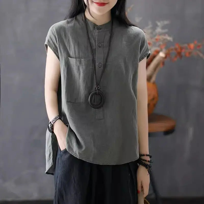 Artistic Style Cotton Linen Short Sleeves Shirt for Women Summer Solid Loose Stand Collar Temperament Top Fashion Women Clothing