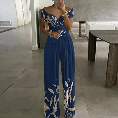 Women's Fashion Printed Casual High Waist Jumpsuit Ladies Sexy Off Shoulder Flower Short Sleeve Wide Leg Jumpsuit Woman Rompers