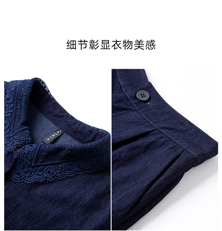 VIMLY Navy Blue Denim Suit Women's 2025 Autumn Outfits Vintage Lace Polo Collar Shirt Wide Legs Pants Ladies 2 Piece Sets A2526