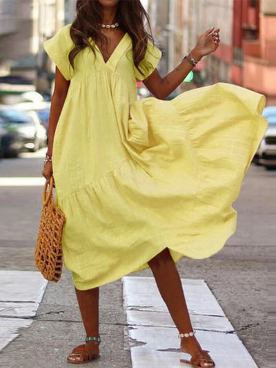 Bohemian Summer Dress for Women V Neck Vestidos Ladies Streetwear Solid Ruffle Dresses Asymmetrical Loose Robe Women Clothing