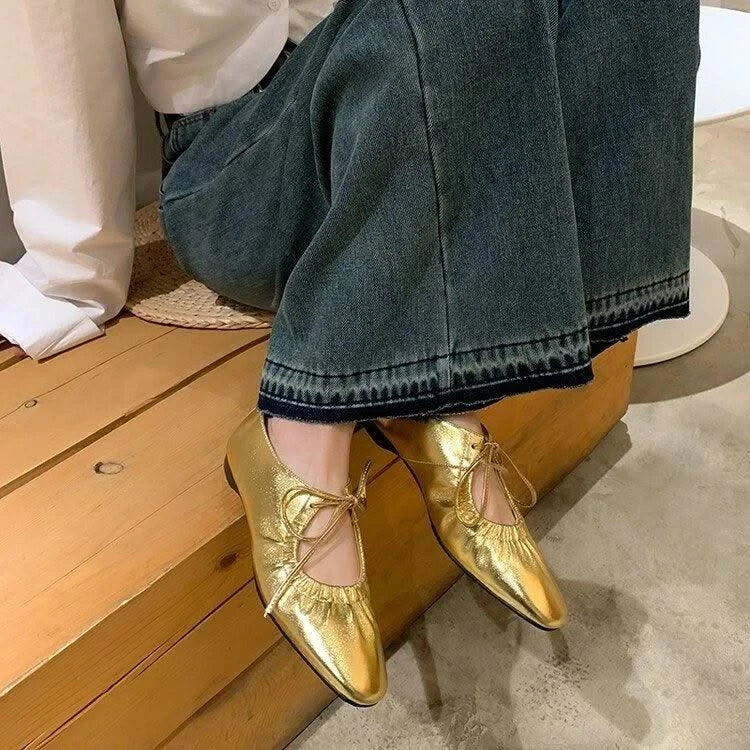 Women Ballet Leather Narrow Band Flat Shoes  Bling Silver,  Gold Footwear