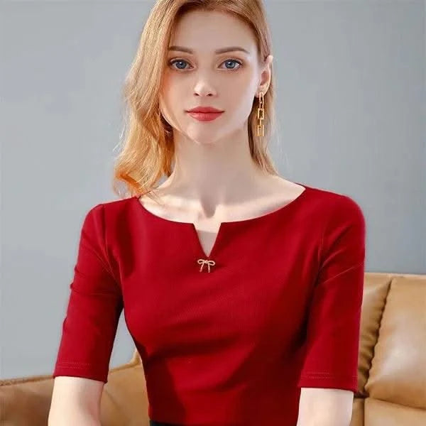 Women V-Neck Short Sleeve brooch decor Slim Red colour Blouse Tops