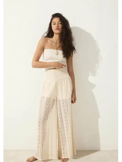 TRAF Women Lace Trousers Embroidery Hollow Out Simple Women's Pants Elastic Waist Loose Pants Female Wide Leg Pants
