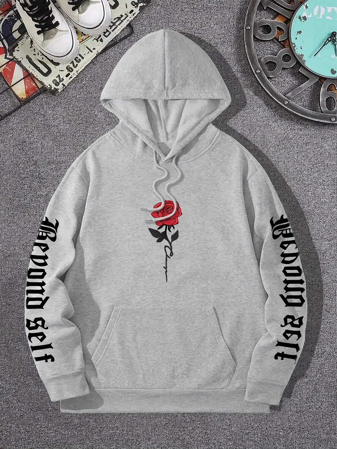 Rose Artistic Letter Printed Hoodies Casual Street Women Sweatshirts Comfortable Fleece Pullover Crewneck Loose Female Clothes